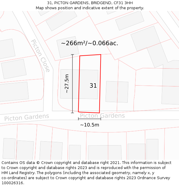 31, PICTON GARDENS, BRIDGEND, CF31 3HH: Plot and title map