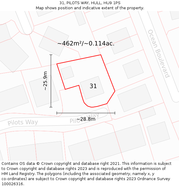 31, PILOTS WAY, HULL, HU9 1PS: Plot and title map