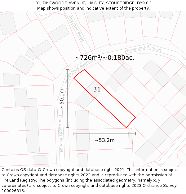 31, PINEWOODS AVENUE, HAGLEY, STOURBRIDGE, DY9 0JF: Plot and title map