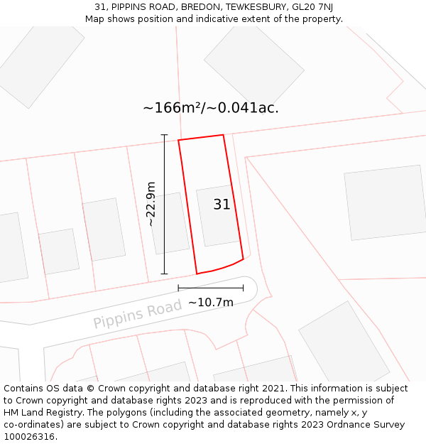 31, PIPPINS ROAD, BREDON, TEWKESBURY, GL20 7NJ: Plot and title map