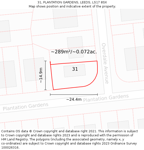 31, PLANTATION GARDENS, LEEDS, LS17 8SX: Plot and title map