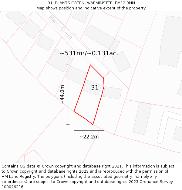 31, PLANTS GREEN, WARMINSTER, BA12 9NN: Plot and title map