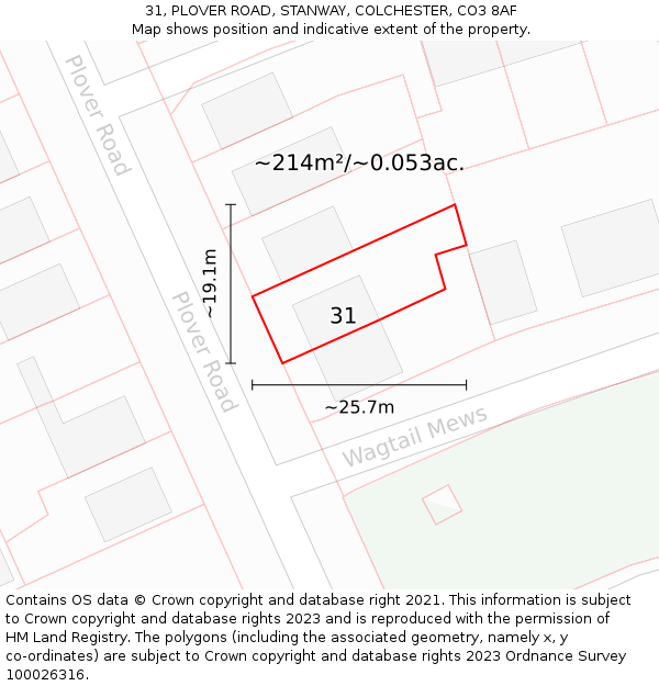 31, PLOVER ROAD, STANWAY, COLCHESTER, CO3 8AF: Plot and title map