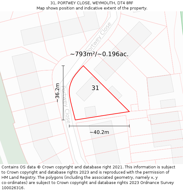 31, PORTWEY CLOSE, WEYMOUTH, DT4 8RF: Plot and title map