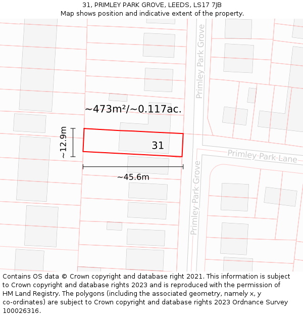 31, PRIMLEY PARK GROVE, LEEDS, LS17 7JB: Plot and title map