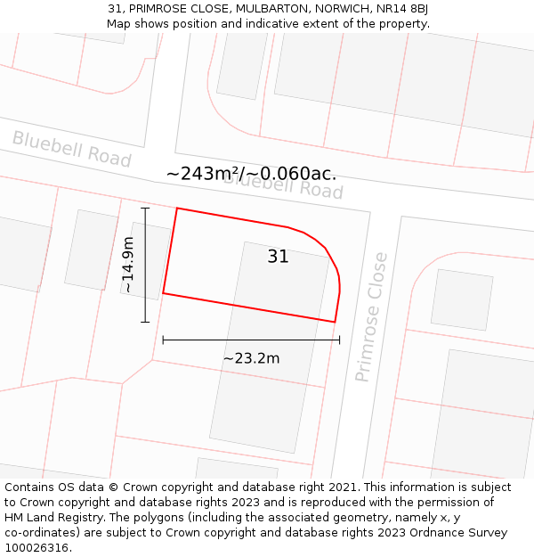31, PRIMROSE CLOSE, MULBARTON, NORWICH, NR14 8BJ: Plot and title map
