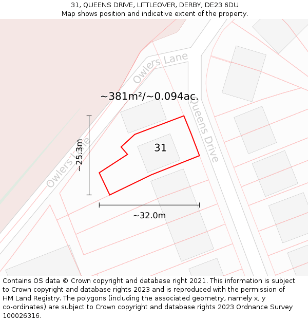 31, QUEENS DRIVE, LITTLEOVER, DERBY, DE23 6DU: Plot and title map
