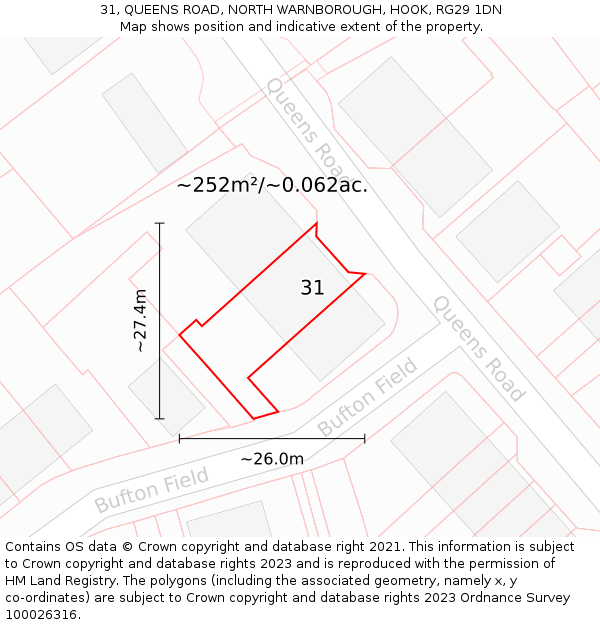 31, QUEENS ROAD, NORTH WARNBOROUGH, HOOK, RG29 1DN: Plot and title map