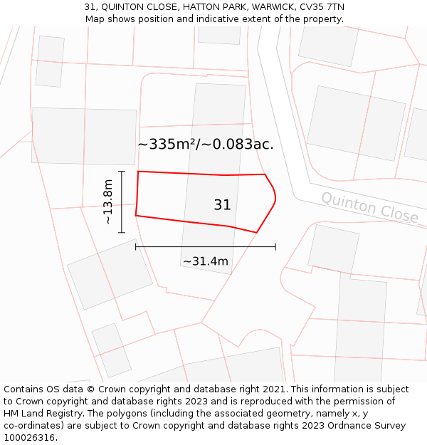 31, QUINTON CLOSE, HATTON PARK, WARWICK, CV35 7TN: Plot and title map