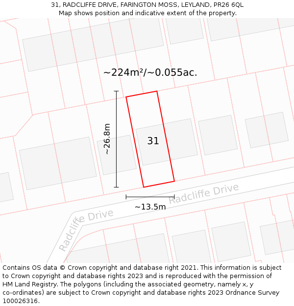 31, RADCLIFFE DRIVE, FARINGTON MOSS, LEYLAND, PR26 6QL: Plot and title map