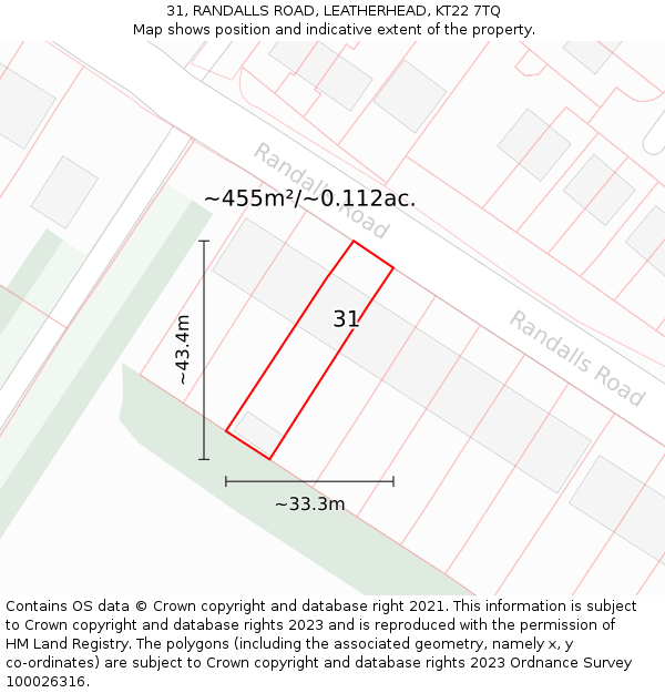 31, RANDALLS ROAD, LEATHERHEAD, KT22 7TQ: Plot and title map
