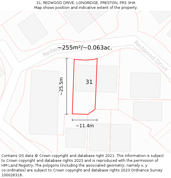 31, REDWOOD DRIVE, LONGRIDGE, PRESTON, PR3 3HA: Plot and title map