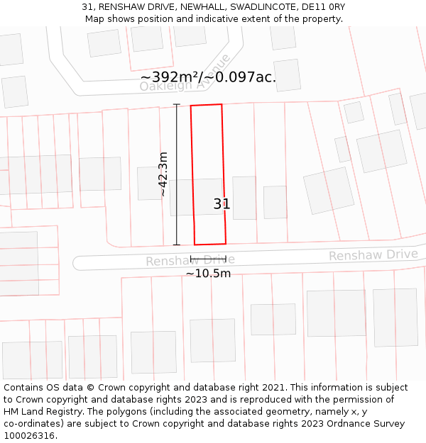 31, RENSHAW DRIVE, NEWHALL, SWADLINCOTE, DE11 0RY: Plot and title map