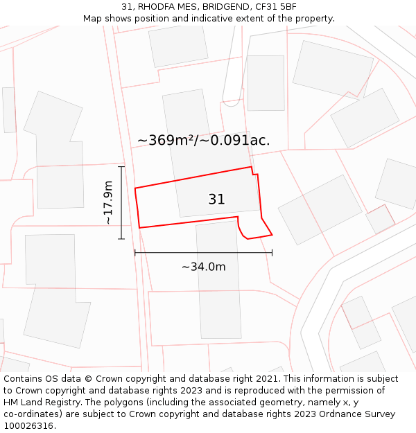 31, RHODFA MES, BRIDGEND, CF31 5BF: Plot and title map