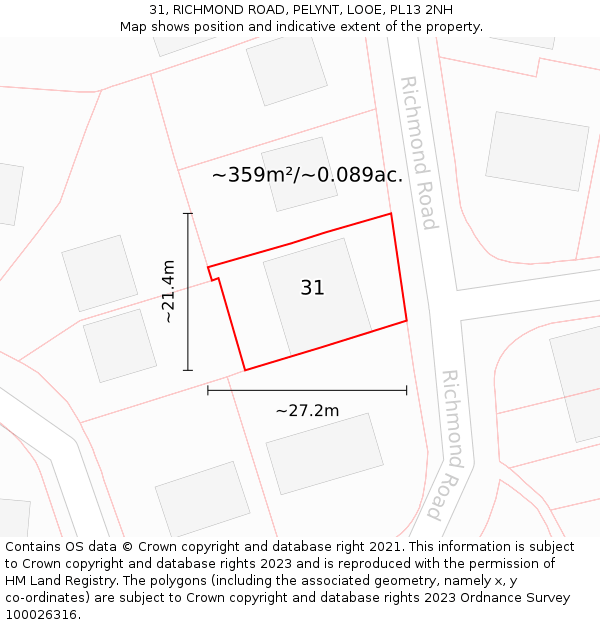 31, RICHMOND ROAD, PELYNT, LOOE, PL13 2NH: Plot and title map