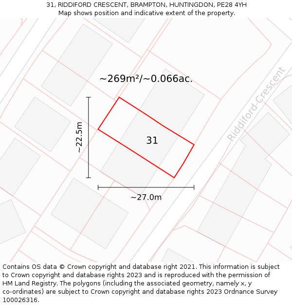 31, RIDDIFORD CRESCENT, BRAMPTON, HUNTINGDON, PE28 4YH: Plot and title map