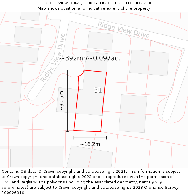 31, RIDGE VIEW DRIVE, BIRKBY, HUDDERSFIELD, HD2 2EX: Plot and title map
