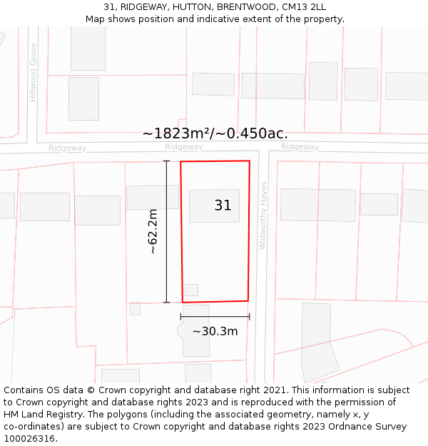 31, RIDGEWAY, HUTTON, BRENTWOOD, CM13 2LL: Plot and title map