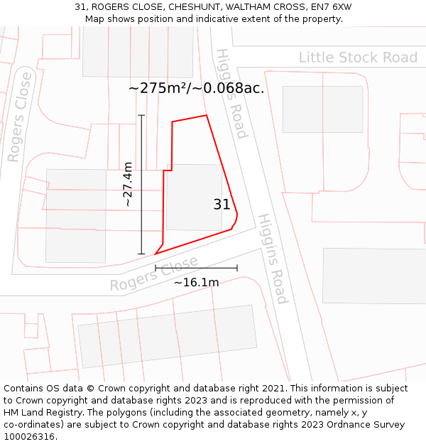 31, ROGERS CLOSE, CHESHUNT, WALTHAM CROSS, EN7 6XW: Plot and title map
