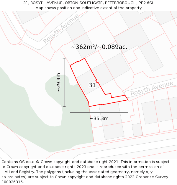 31, ROSYTH AVENUE, ORTON SOUTHGATE, PETERBOROUGH, PE2 6SL: Plot and title map