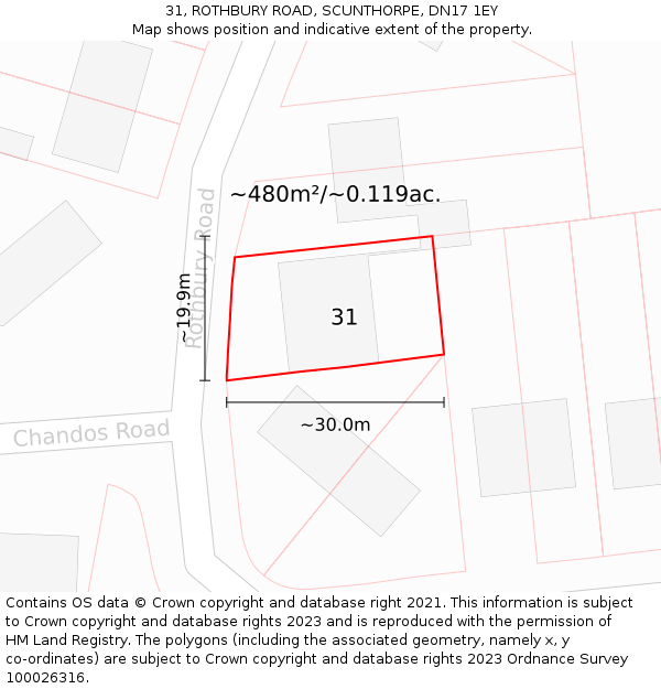 31, ROTHBURY ROAD, SCUNTHORPE, DN17 1EY: Plot and title map