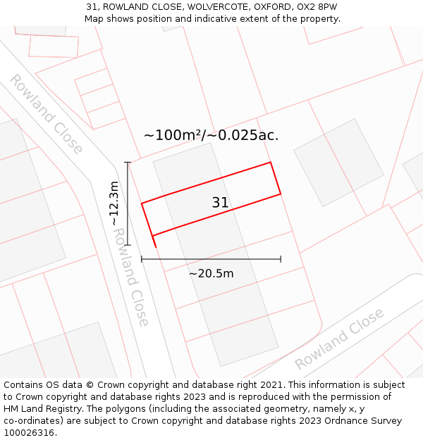 31, ROWLAND CLOSE, WOLVERCOTE, OXFORD, OX2 8PW: Plot and title map