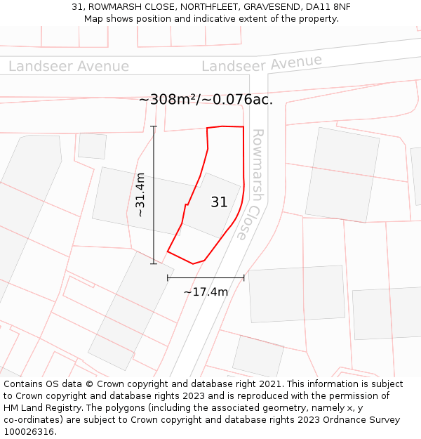 31, ROWMARSH CLOSE, NORTHFLEET, GRAVESEND, DA11 8NF: Plot and title map