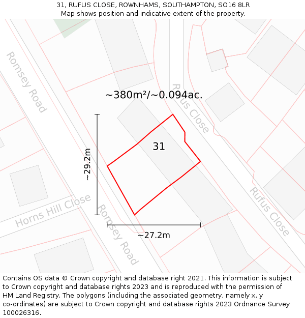 31, RUFUS CLOSE, ROWNHAMS, SOUTHAMPTON, SO16 8LR: Plot and title map