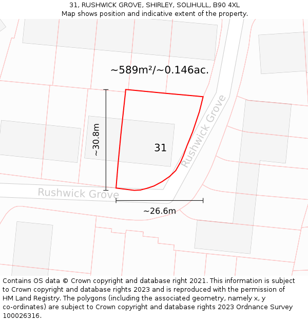 31, RUSHWICK GROVE, SHIRLEY, SOLIHULL, B90 4XL: Plot and title map