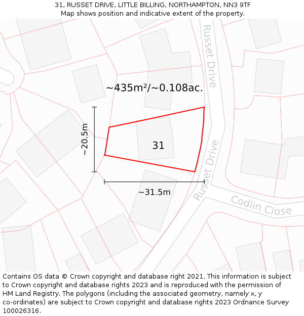 31, RUSSET DRIVE, LITTLE BILLING, NORTHAMPTON, NN3 9TF: Plot and title map