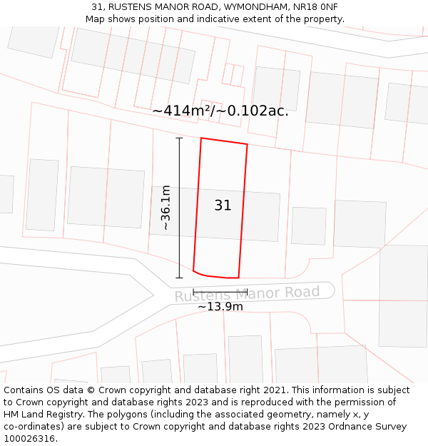 31, RUSTENS MANOR ROAD, WYMONDHAM, NR18 0NF: Plot and title map