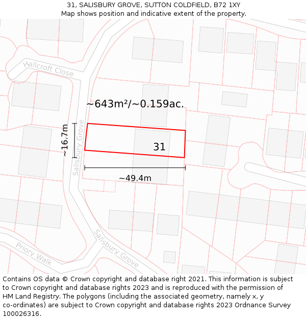 31, SALISBURY GROVE, SUTTON COLDFIELD, B72 1XY: Plot and title map