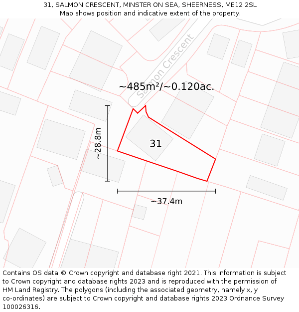 31, SALMON CRESCENT, MINSTER ON SEA, SHEERNESS, ME12 2SL: Plot and title map