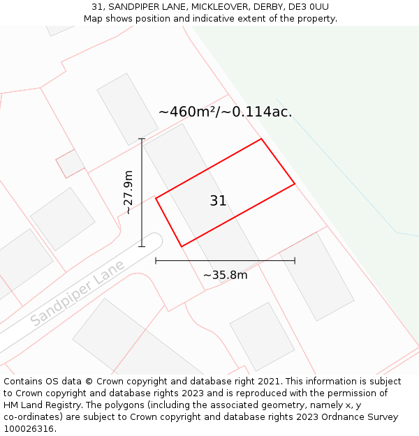 31, SANDPIPER LANE, MICKLEOVER, DERBY, DE3 0UU: Plot and title map