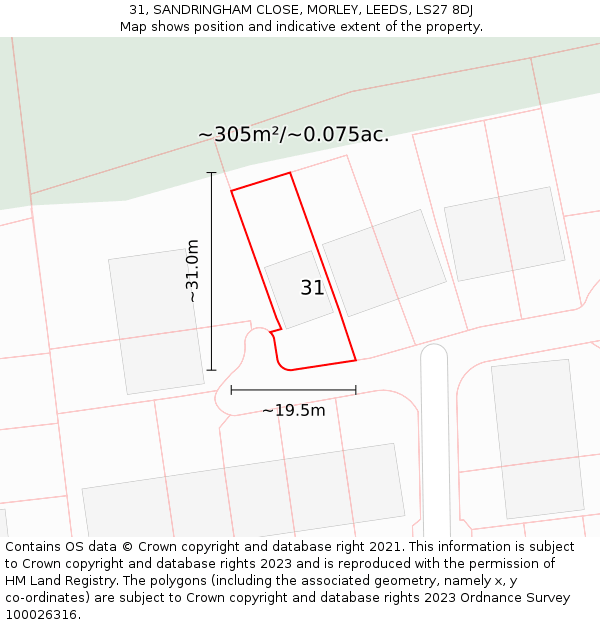 31, SANDRINGHAM CLOSE, MORLEY, LEEDS, LS27 8DJ: Plot and title map