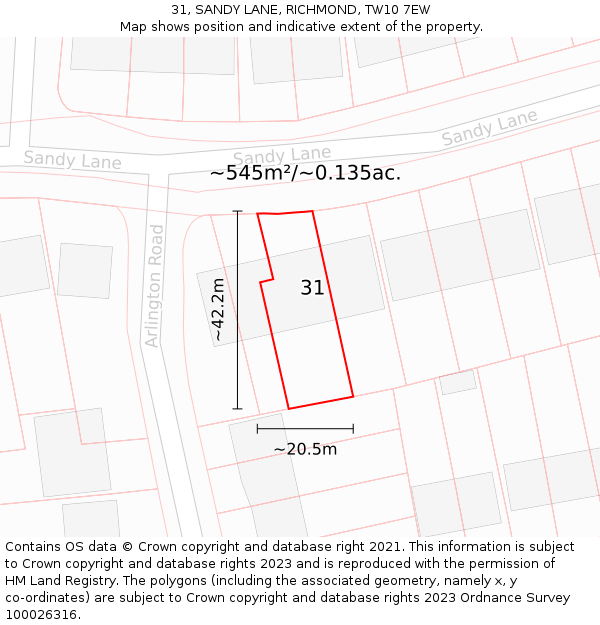 31, SANDY LANE, RICHMOND, TW10 7EW: Plot and title map