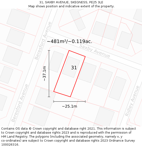 31, SAXBY AVENUE, SKEGNESS, PE25 3LE: Plot and title map