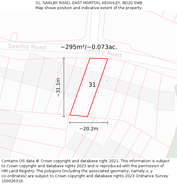 31, SAXILBY ROAD, EAST MORTON, KEIGHLEY, BD20 5WB: Plot and title map