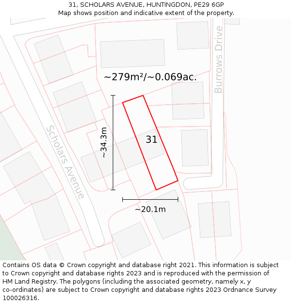 31, SCHOLARS AVENUE, HUNTINGDON, PE29 6GP: Plot and title map