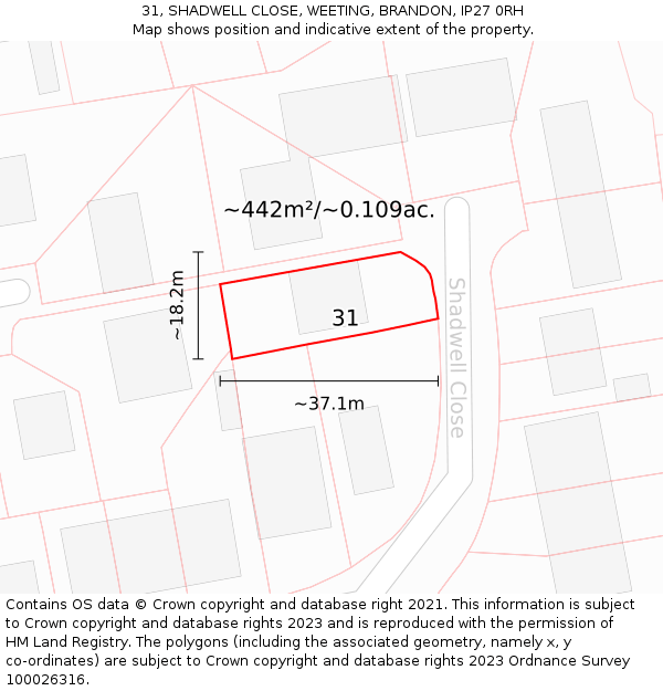 31, SHADWELL CLOSE, WEETING, BRANDON, IP27 0RH: Plot and title map