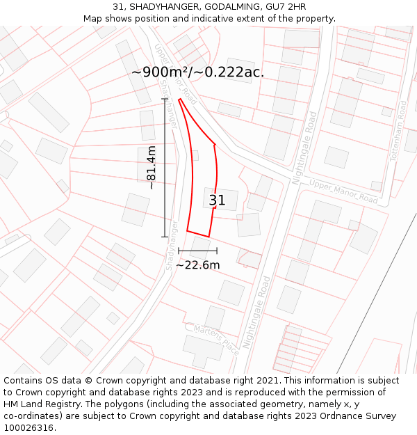 31, SHADYHANGER, GODALMING, GU7 2HR: Plot and title map