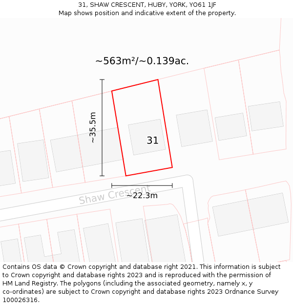 31, SHAW CRESCENT, HUBY, YORK, YO61 1JF: Plot and title map