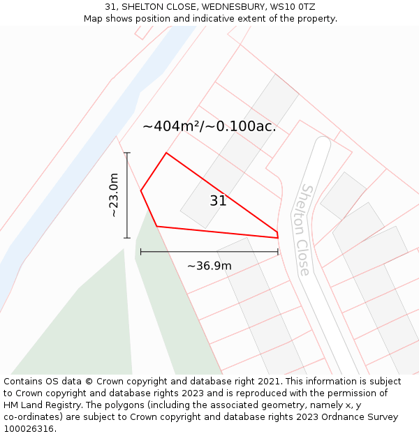 31, SHELTON CLOSE, WEDNESBURY, WS10 0TZ: Plot and title map