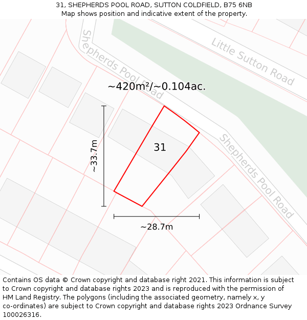 31, SHEPHERDS POOL ROAD, SUTTON COLDFIELD, B75 6NB: Plot and title map