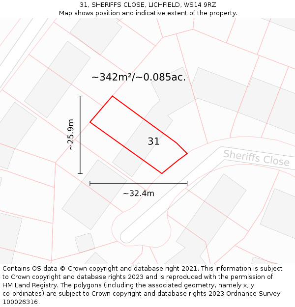 31, SHERIFFS CLOSE, LICHFIELD, WS14 9RZ: Plot and title map