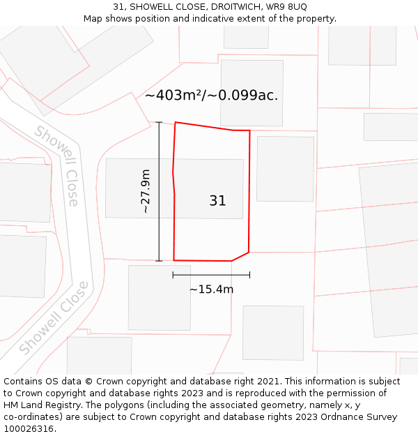 31, SHOWELL CLOSE, DROITWICH, WR9 8UQ: Plot and title map