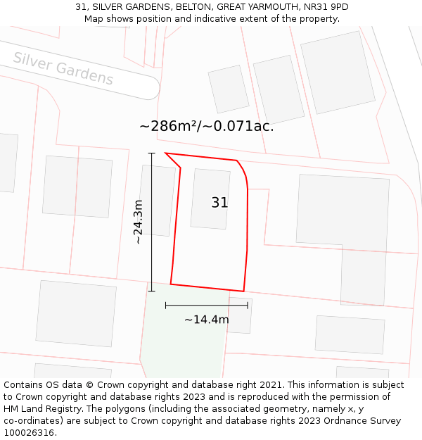 31, SILVER GARDENS, BELTON, GREAT YARMOUTH, NR31 9PD: Plot and title map