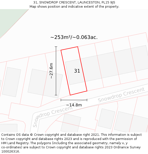 31, SNOWDROP CRESCENT, LAUNCESTON, PL15 9JS: Plot and title map