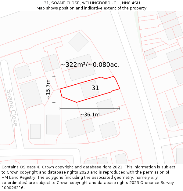 31, SOANE CLOSE, WELLINGBOROUGH, NN8 4SU: Plot and title map
