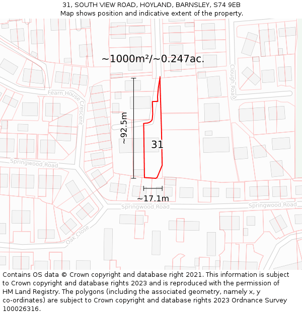 31, SOUTH VIEW ROAD, HOYLAND, BARNSLEY, S74 9EB: Plot and title map